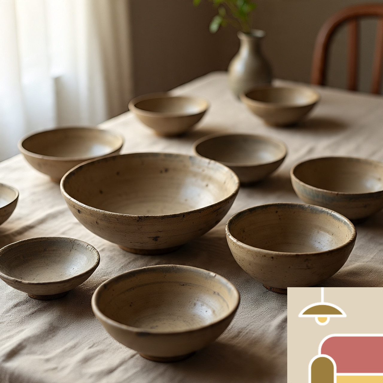 rustic_wabi_sabi_style_clay_bowls_on_a Wabi-Sabi Clay Bowl Set - Image 1